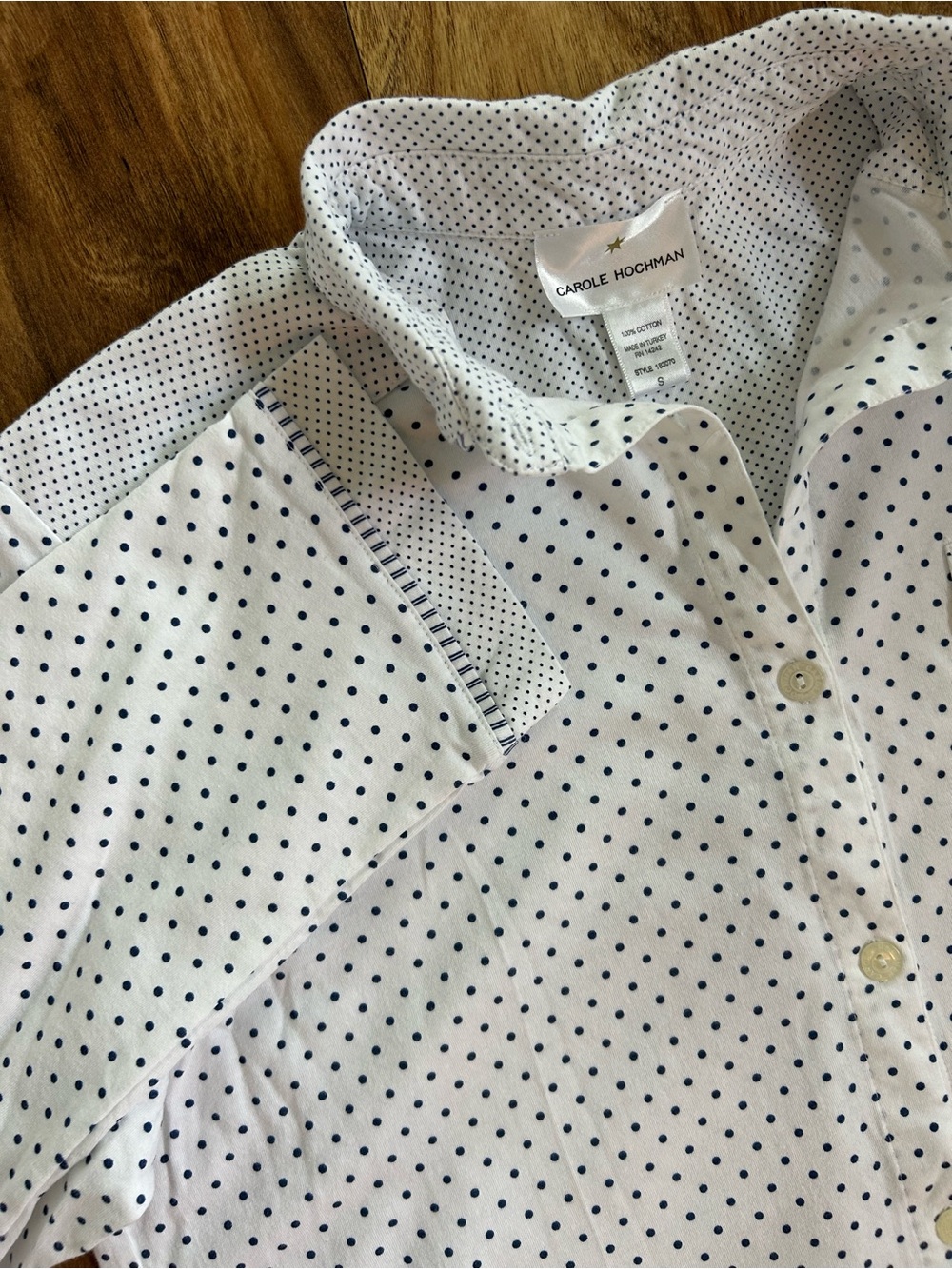 Carole Hochman Pajama Shirt Sz Small White w/ Navy Polka Dots